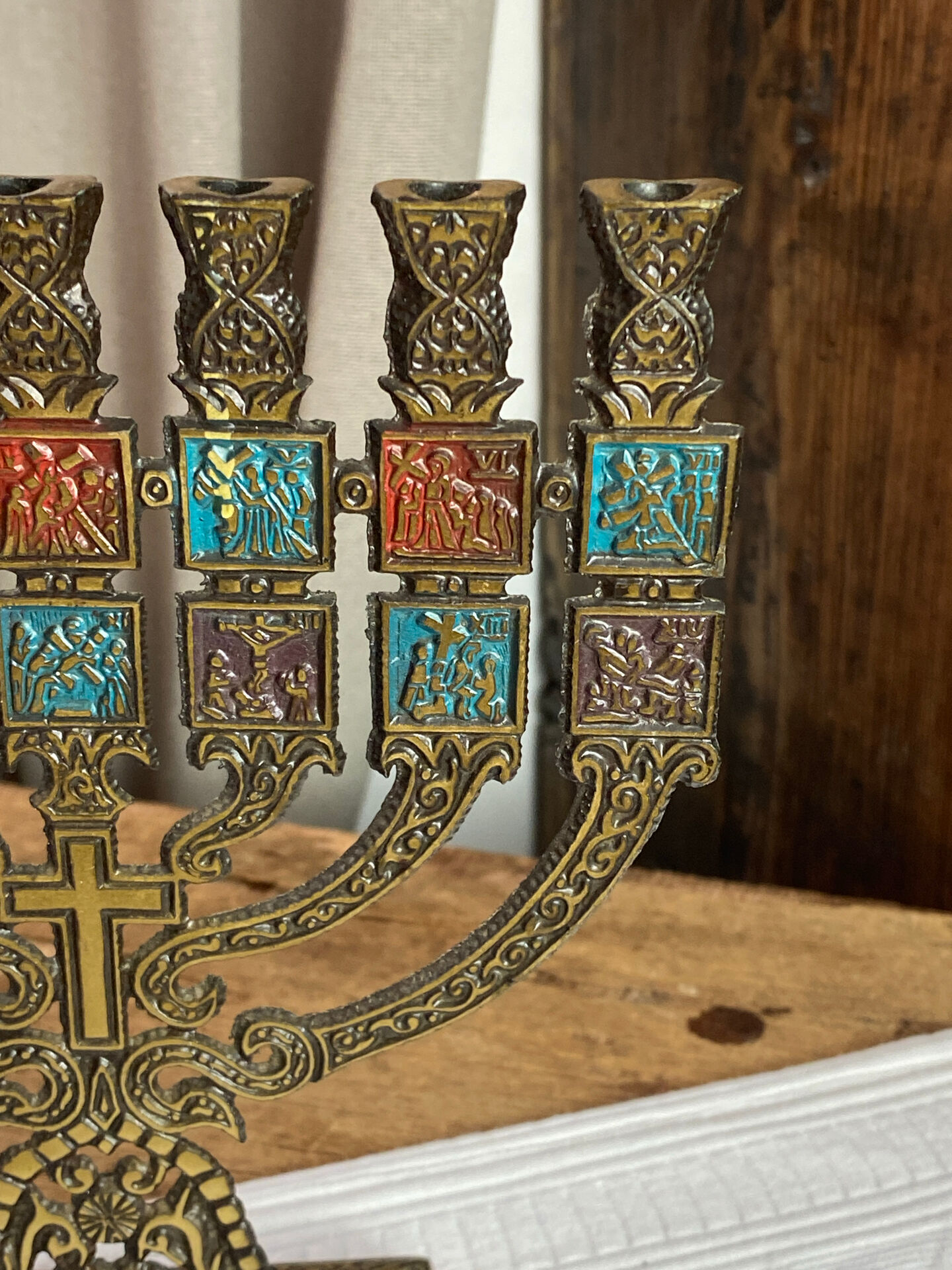 Seven-branched candelabrum, Judeo-Christian, brass and enamel