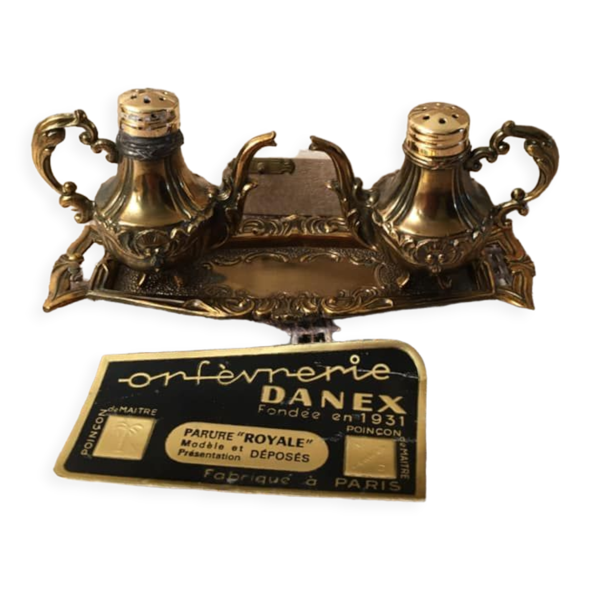 Box of salt pots and a silver metal tray from the goldsmith Danex Paris