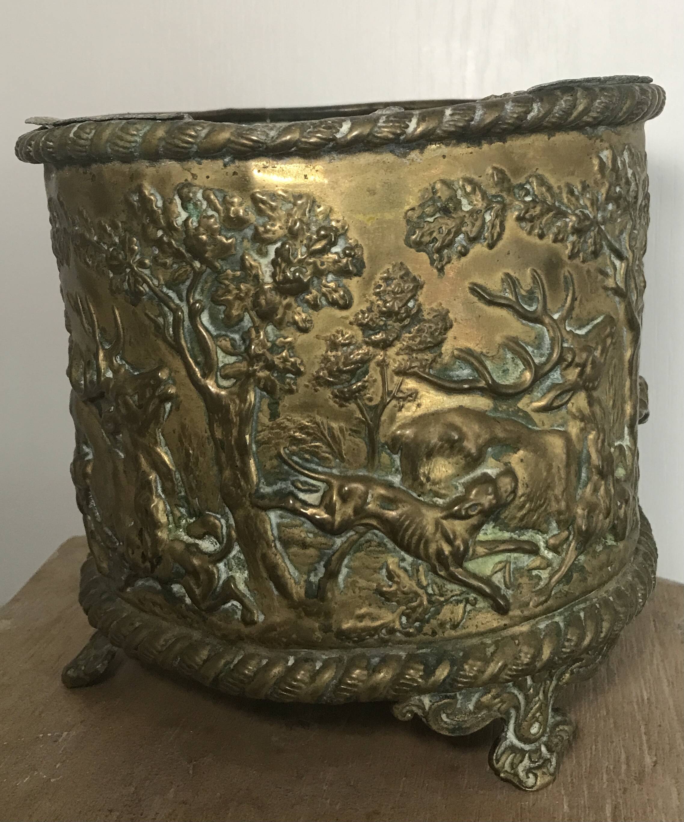 Antique Napoleon III Brass Planter with Embossed Hunting Scene Decor