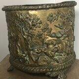 Antique Napoleon III Brass Planter with Embossed Hunting Scene Decor