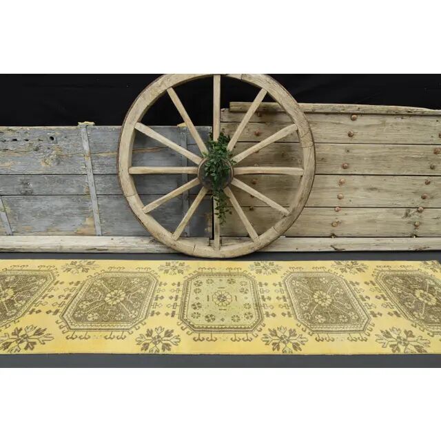1970s Turkish Oushak Handmade Wool Cotton Yellow Runner 76x302
