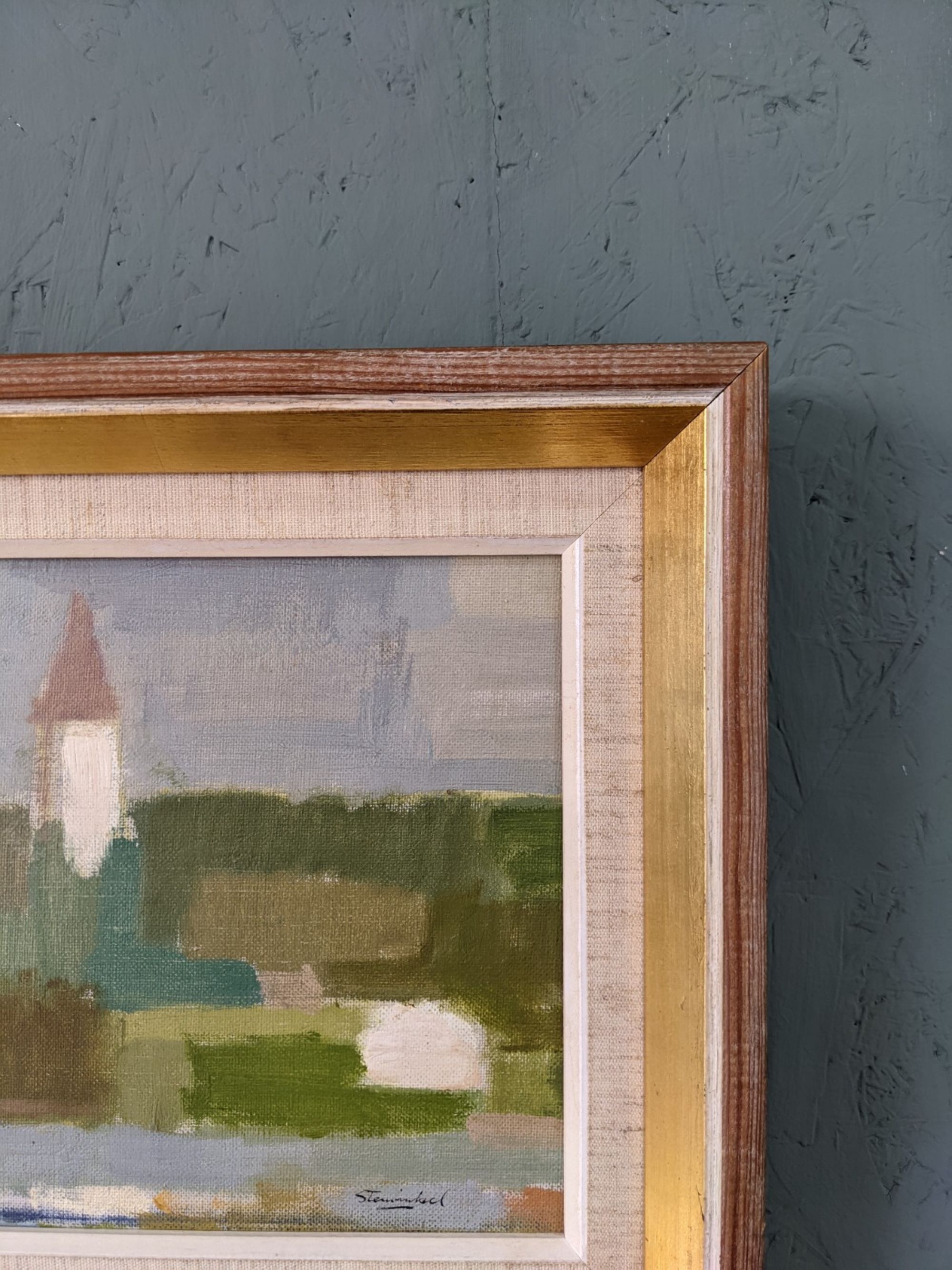 Mid-Century Modern Swedish "Houses by Nature" Vintage Landscape Oil Painting, Framed