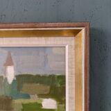 Mid-Century Modern Swedish "Houses by Nature" Vintage Landscape Oil Painting, Framed