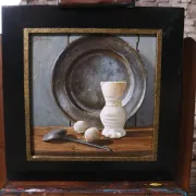 Still life with pewter dish, jug and stoppers – Marjolein van den Berg