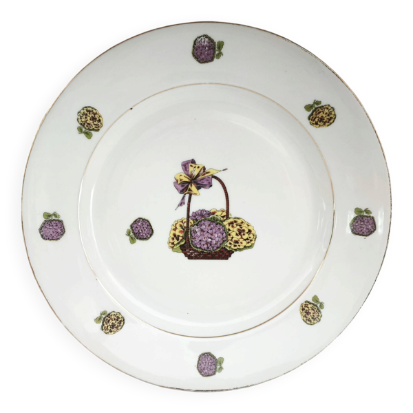 Plat rond en porcelaine de Limoges décor panier d'hortensias — Beyit