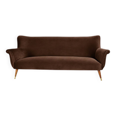 Magnifique canapé vintage années 60 en velours marron chocolat – pièce uniq