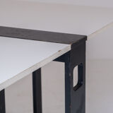 Extendable dining table with architectural base, Belgium 1960s. This folding table features two exte