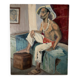 Portrait d'homme scène d'intérieur par Pegeaud-Deva XXe huile sur panneau