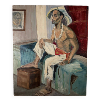 Portrait of a man interior scene by Pegeaud-Deva 20th oil on panel