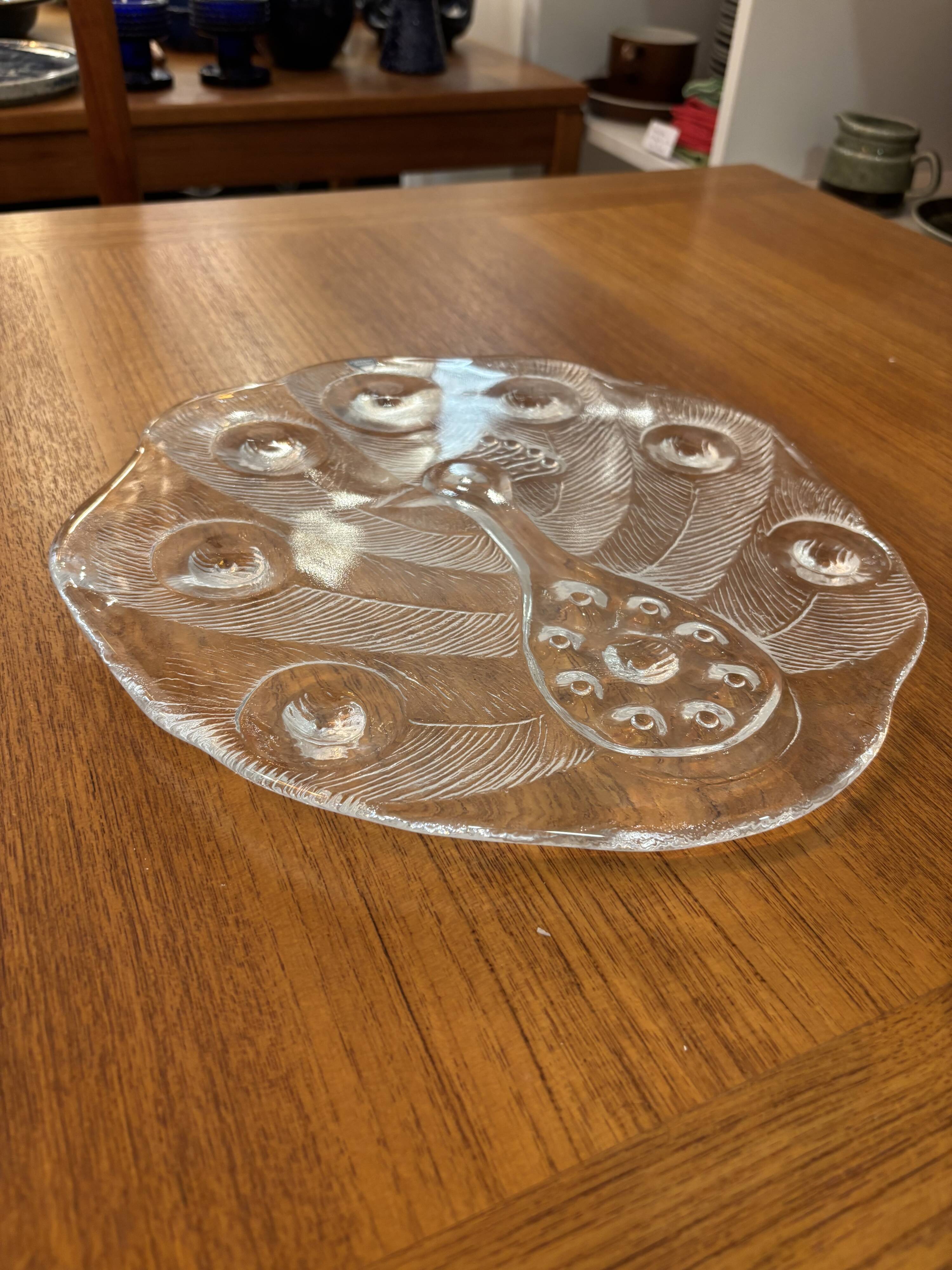 Cheese Board, Peakcock, crystal, Lars Hellsten, Orrefors, Sweden, 1970