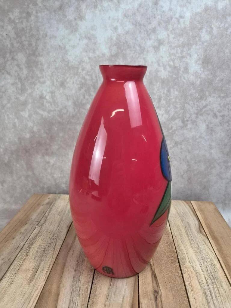 Vintage red glass vase – hand-painted floral decoration – signed Ar