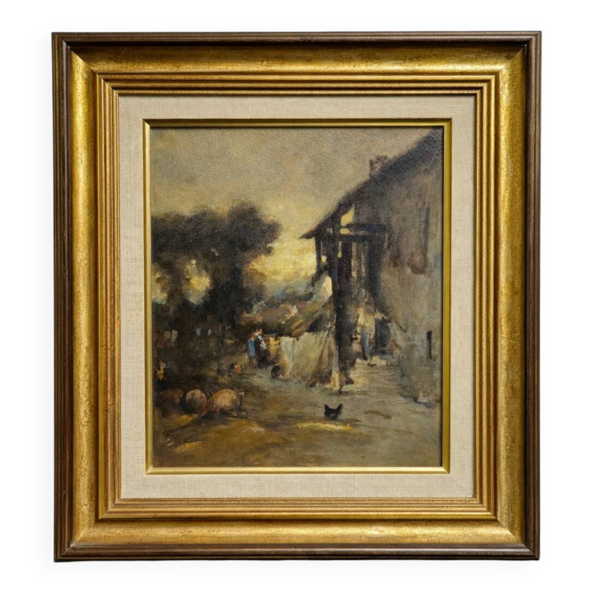 French school – Animated farm scene – Oil on panel