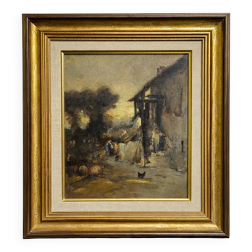 École française – Scène de ferme animée – Huile sur panneau