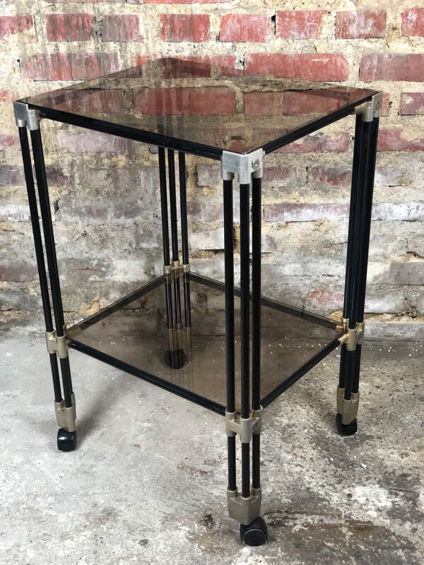 Desserte table roulante tubulaire en laiton à 2 plateaux en verre fumé 70'S