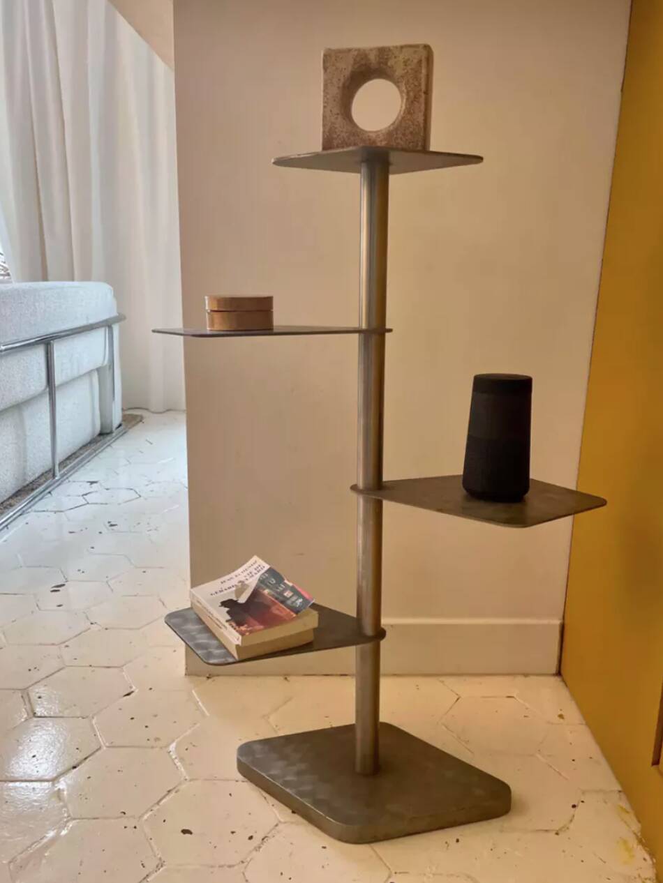 Vintage modernist side table, brushed chrome metal, France 1970