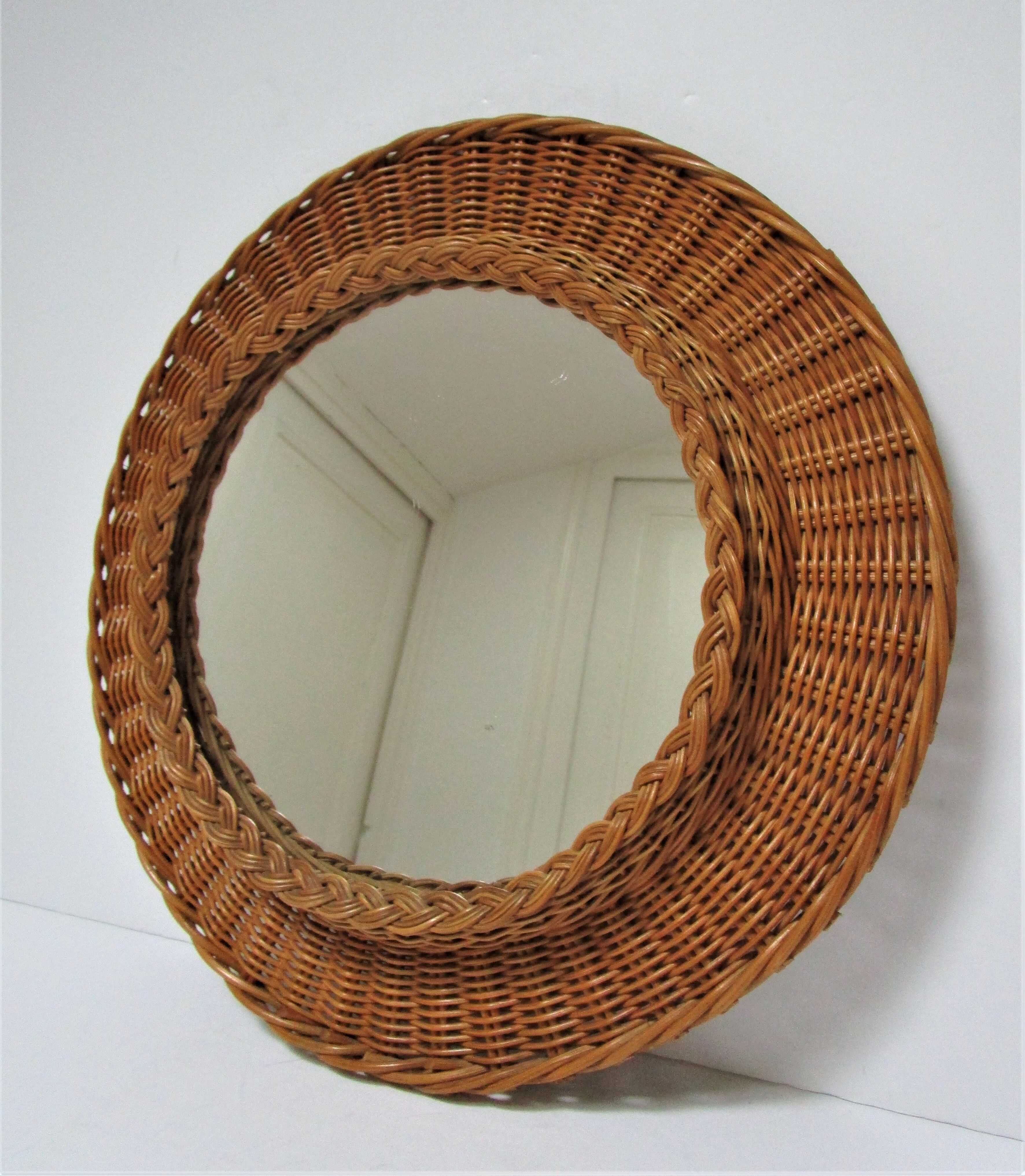 Vintage woven rattan marrow round mirror 1960