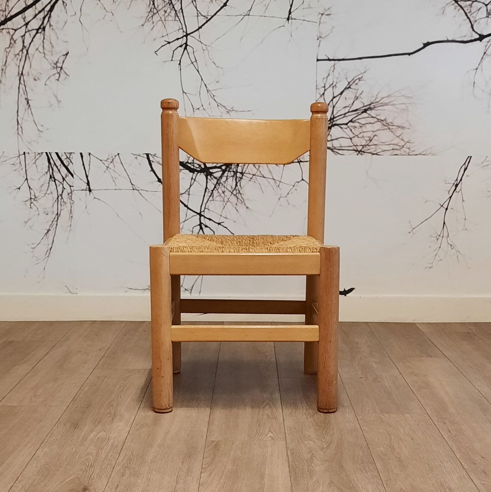 Set of 4 wood and rush chairs, 1970s