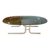 Table basse ovale en verre fumé et chrome, piètement original en double S design, 1970