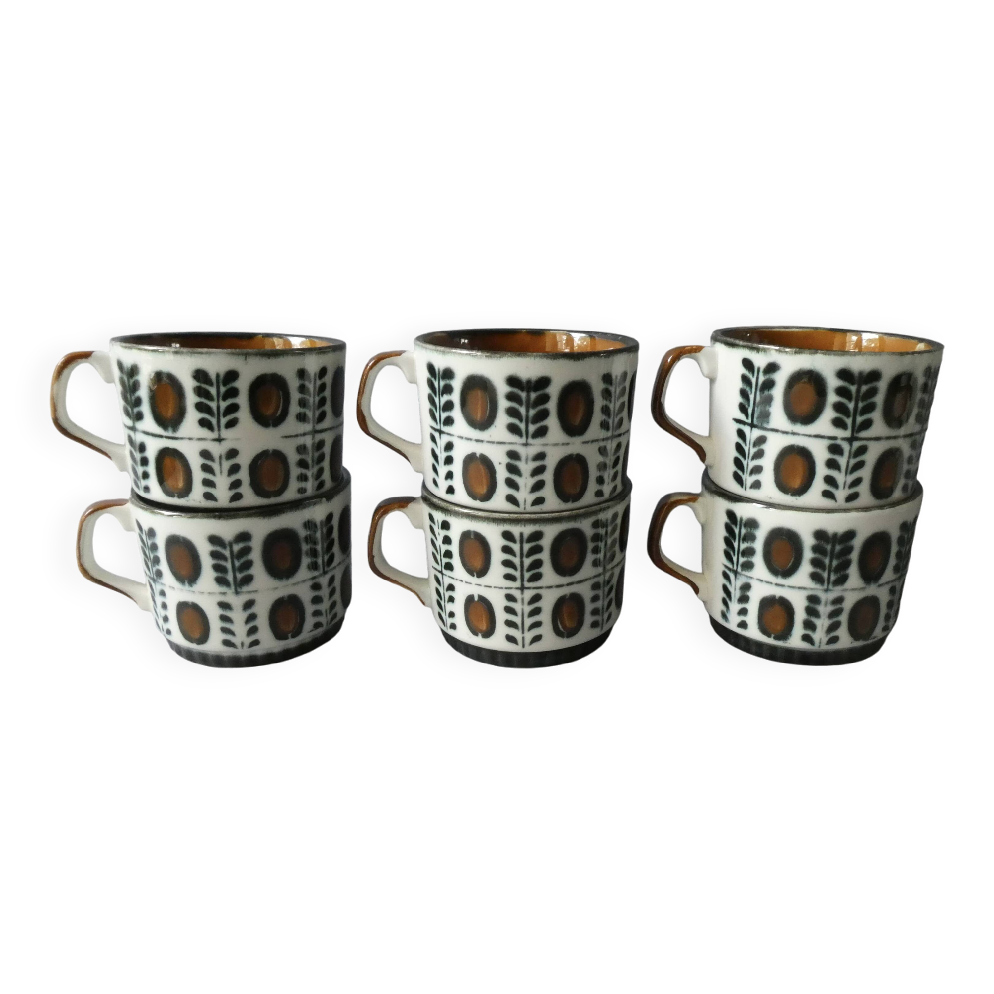 6 Boch La Louvière coffee cups, walnut decor, 1960s