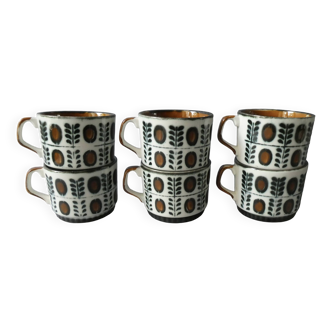 6 Boch La Louvière coffee cups, walnut decor, 1960s