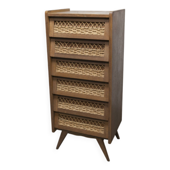 Oak and rattan compass leg chiffonier from the 50s-60s