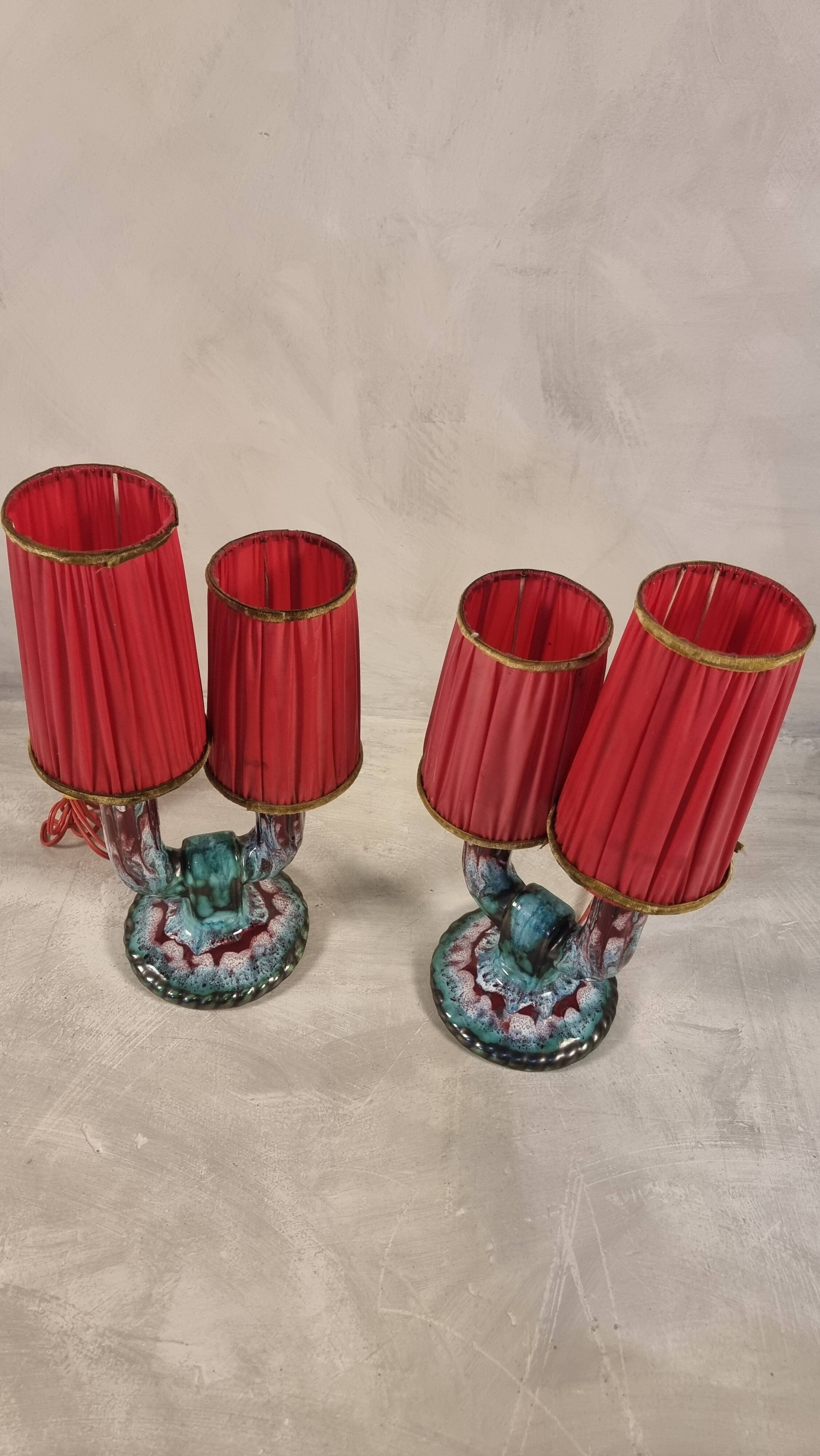 French Double Arm Longwy Pottery Enamel Table Lamps