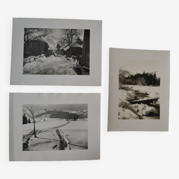 Old silver photo circa 1950 by L. Thomas in Morzine set of 3