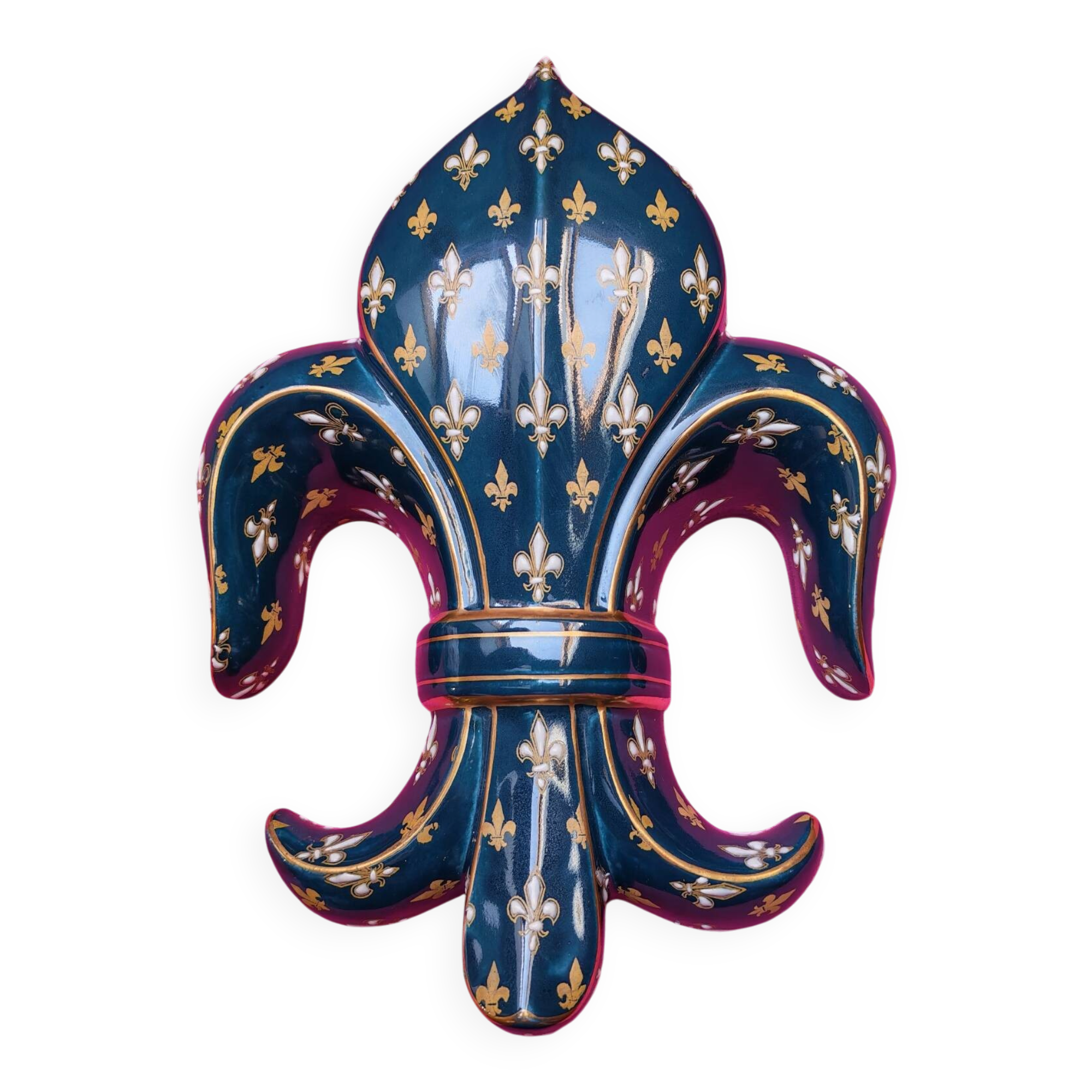 Antique Wall Vase Fleur de Lys in Gien Blue and Gold Earthenware - Jard