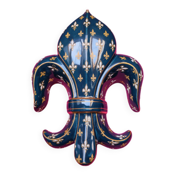 Antique Wall Vase Fleur de Lys in Gien Blue and Gold Earthenware - Jard