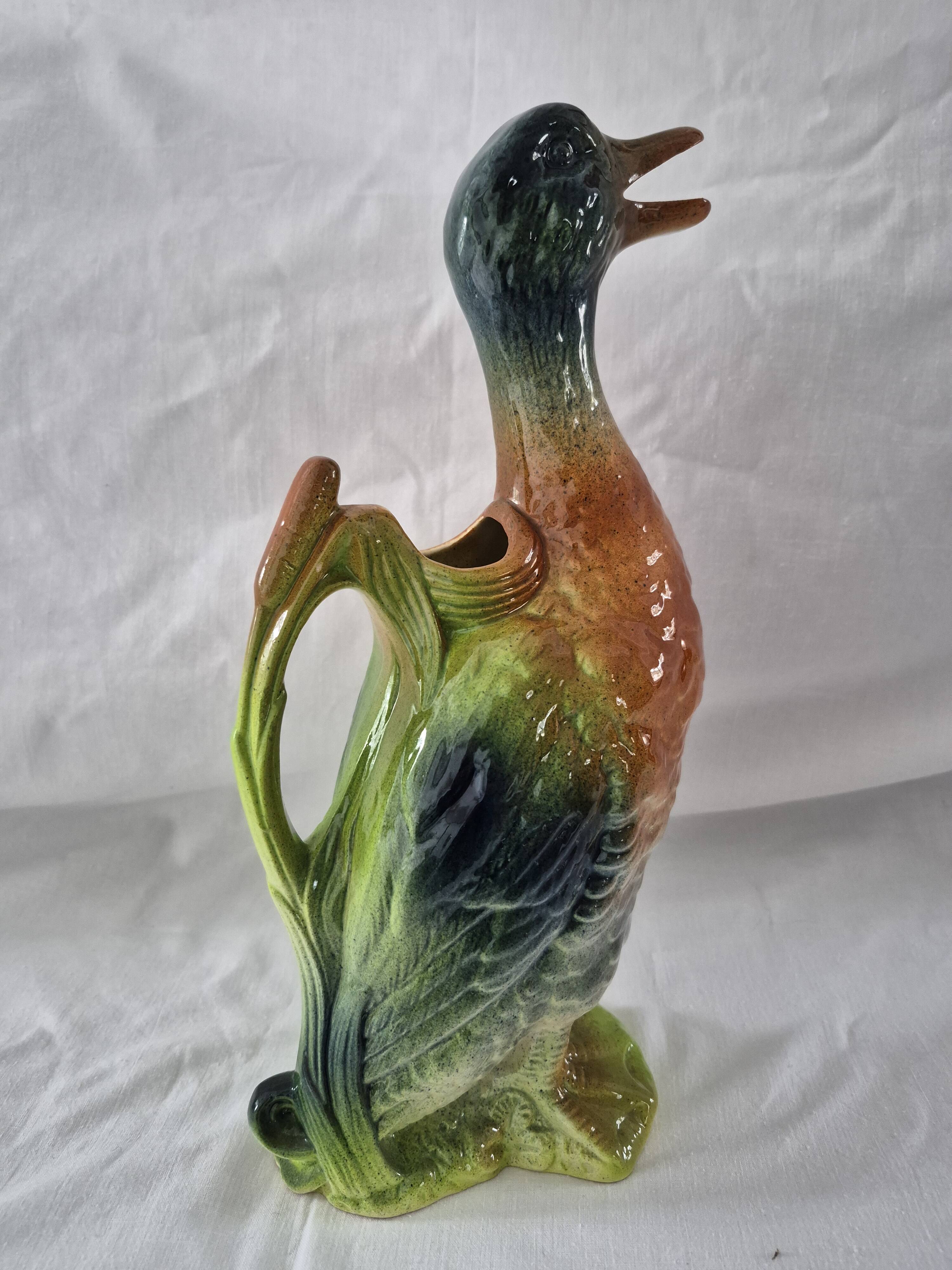 Old barbotine jug Saint Clément Mallard Duck A027