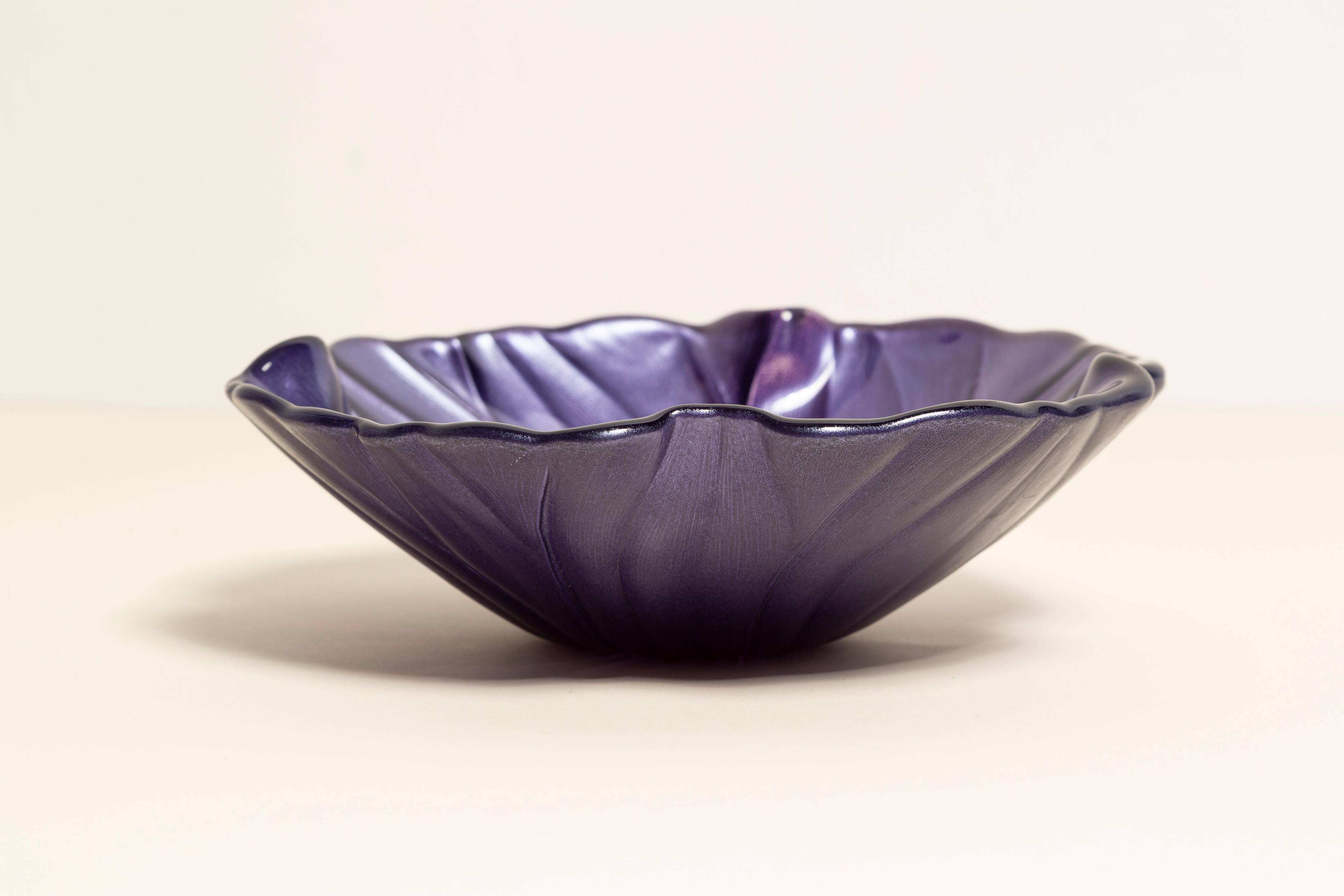 Vintage decorative glass plate in purple with flower pattern, Italy, 1960s.