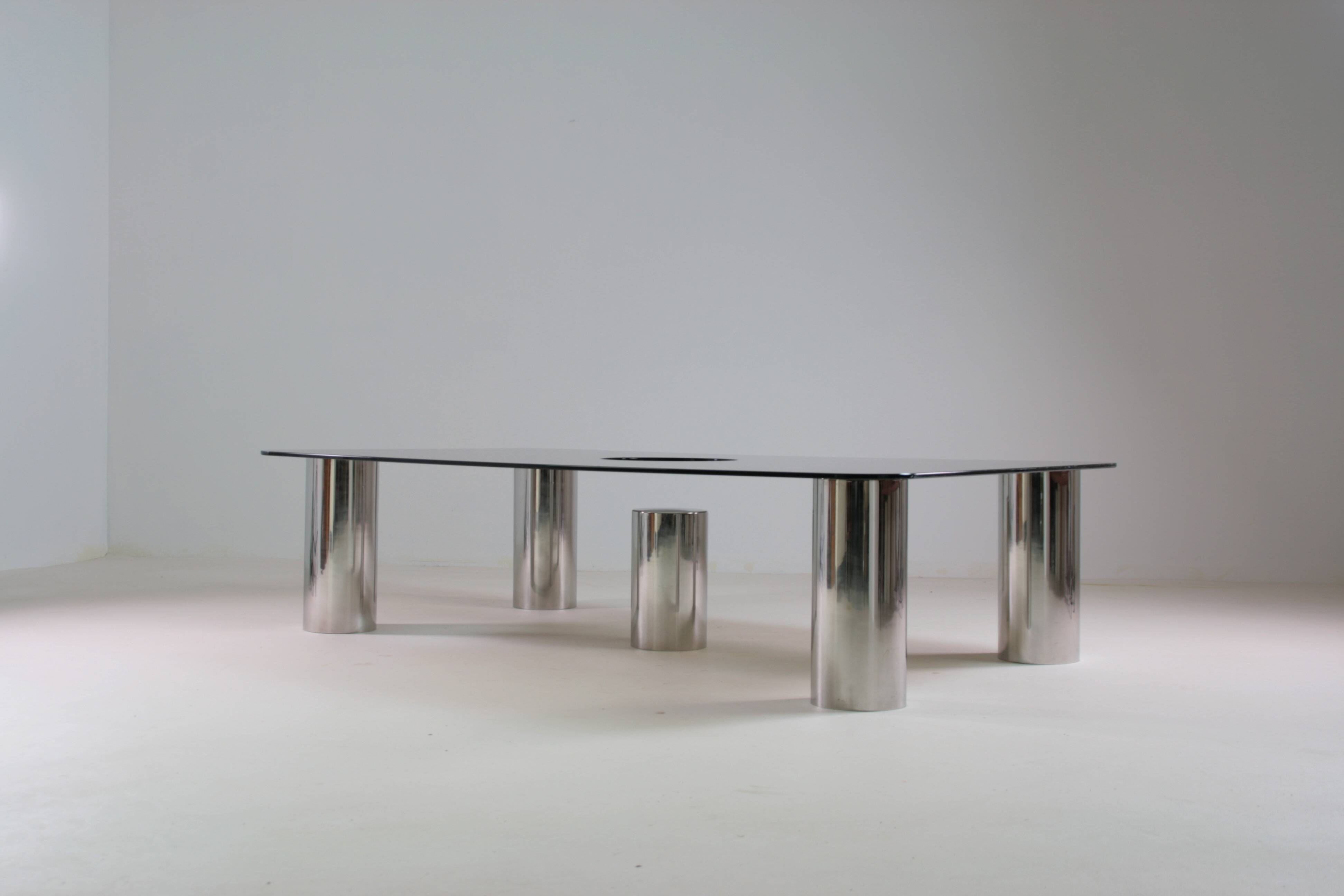 Large coffee table in chromed metal and smoked glass, Italy 1970