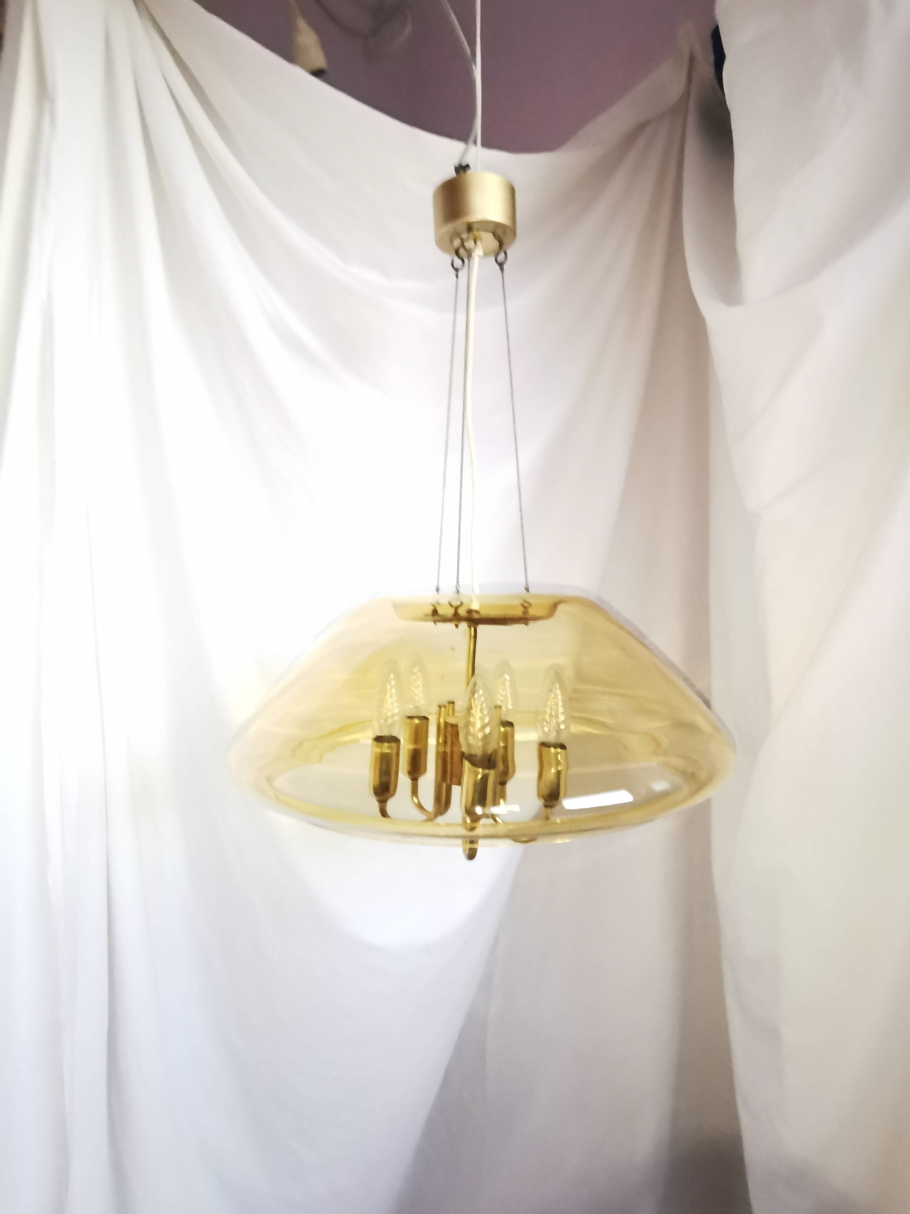 Large chandelier in brass and smoked glass, six branches, space age, baroque, Italy, 1970.