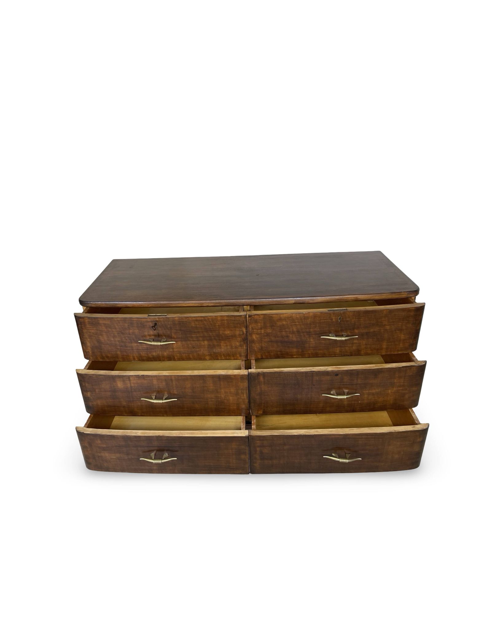 A vintage Italian chest of drawers, made of veneered walnut and solid wood,