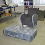 Art Deco grey armchair in fabric and silver-painted wood with brass studs, 1930s