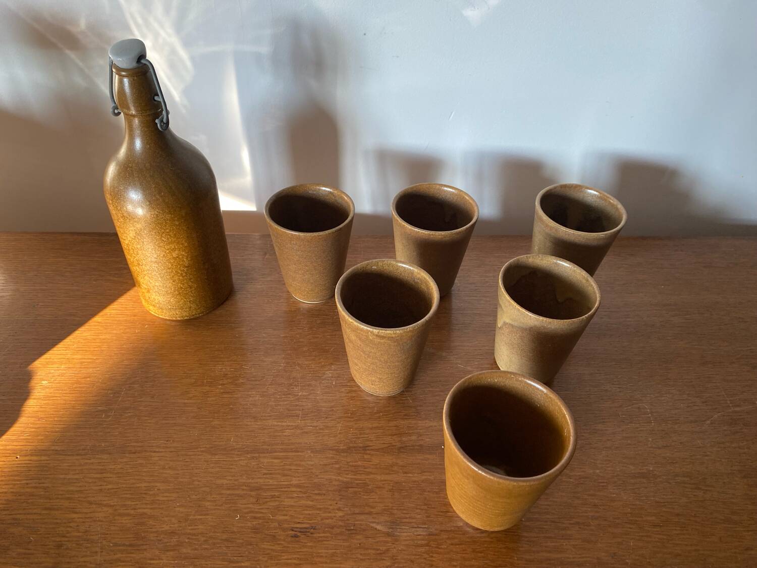 Antique Bottle Service + 6 Stoneware Goblets DIGOIN France Vintage