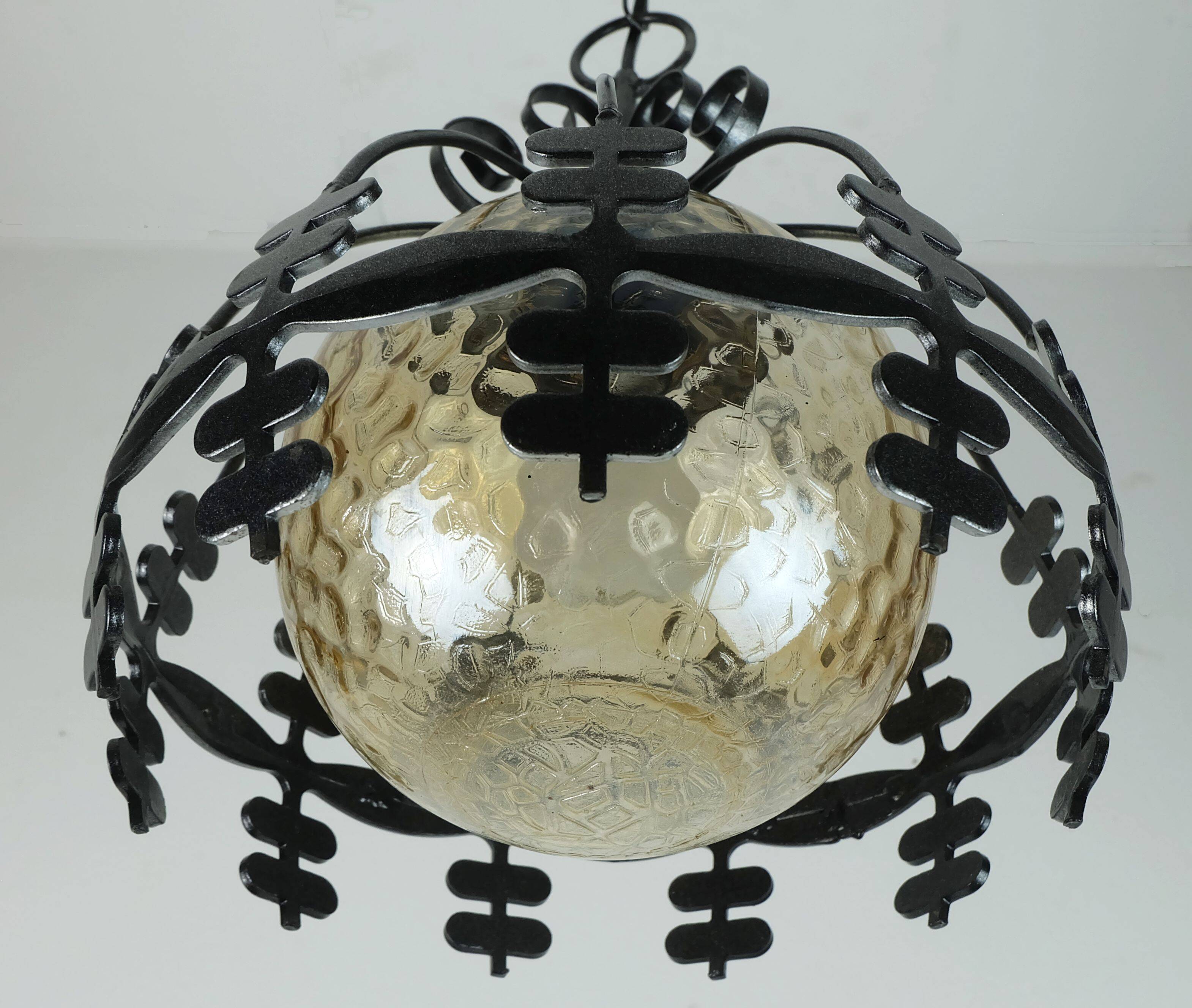 1970s Amber Glass Pendant Light with Iron Frame - 2 Available