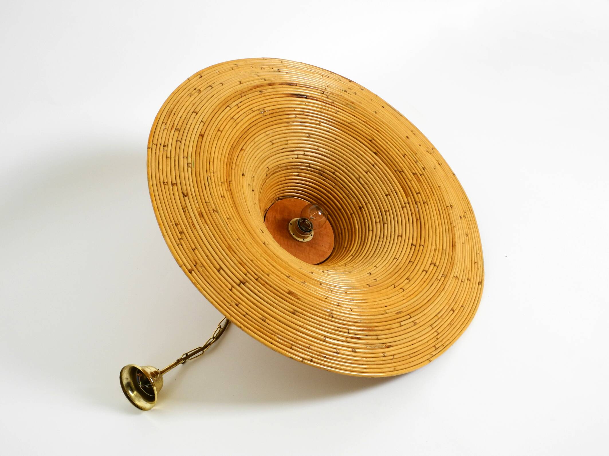 Beautiful, large Italian 1970s bright bamboo wood ceiling pendant lamp