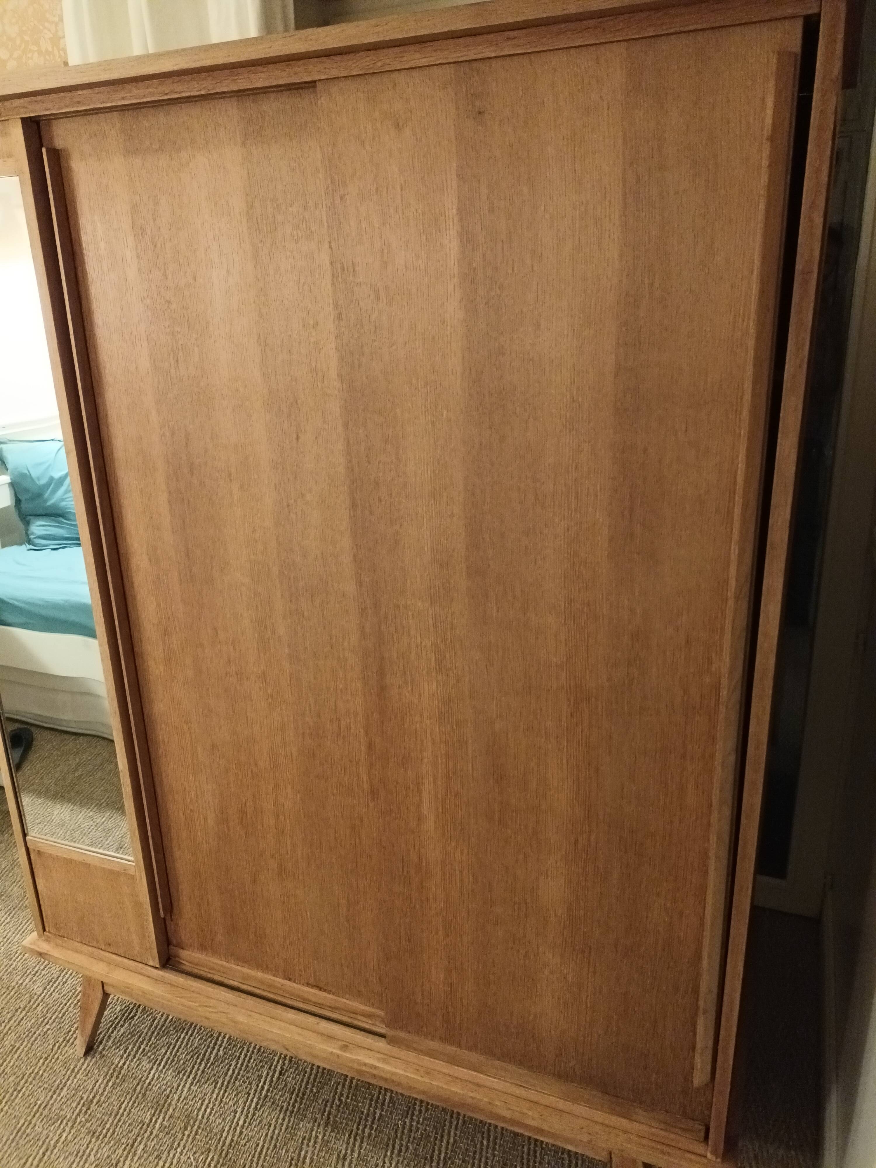 Vintage oak wardrobe with mirror with two sliding doors, France 1960s
