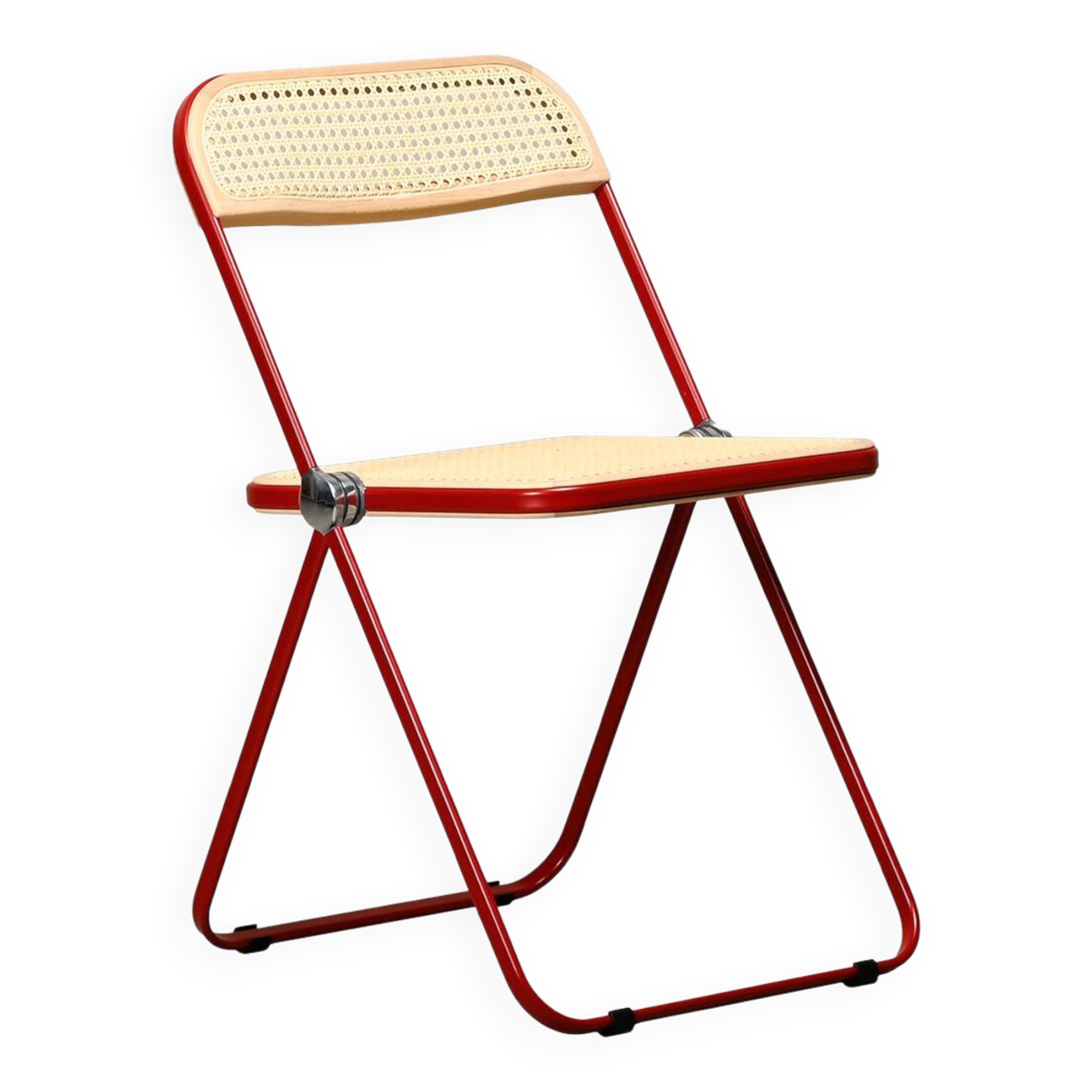 Giancarlo Piretti Plia Folding Chair in Red and Straw for Castelli, Italy