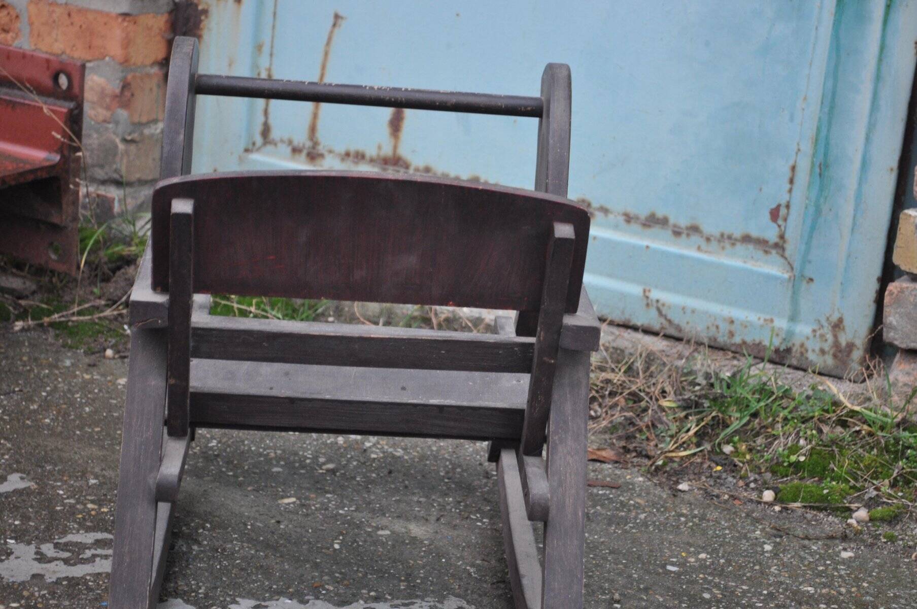 Vintage wooden rocking horse in painted brown — 1950s, Czech Republic