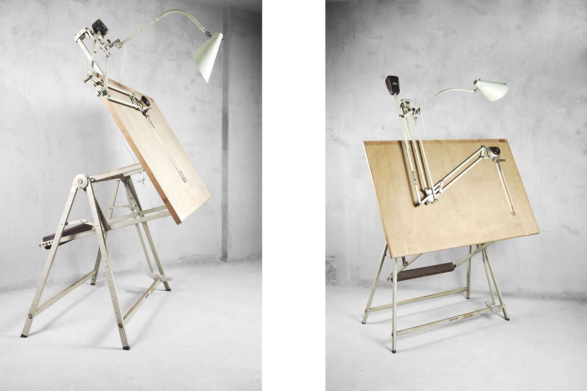 Dutch industrial drawing or architect's table witch lamp from rotanex-pool, 1950s