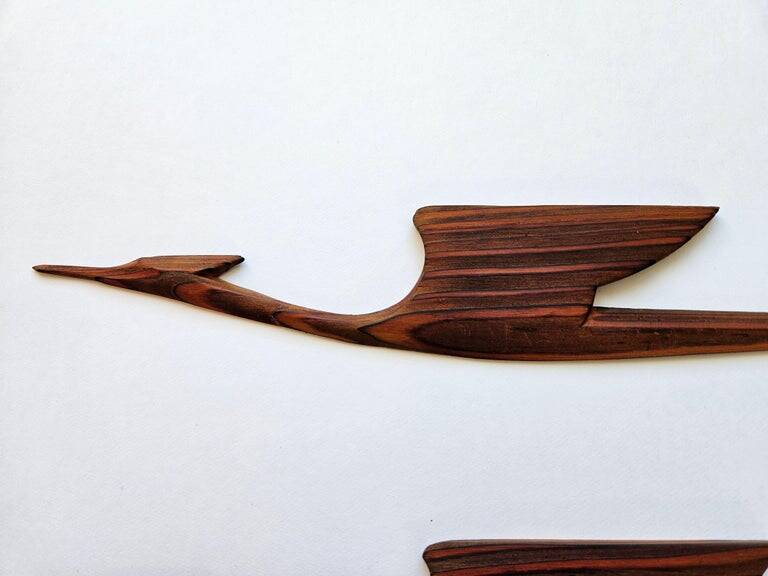 Pair of rare mid-century wooden wall sculptures representing birds and herons, Denmark, 1960s.