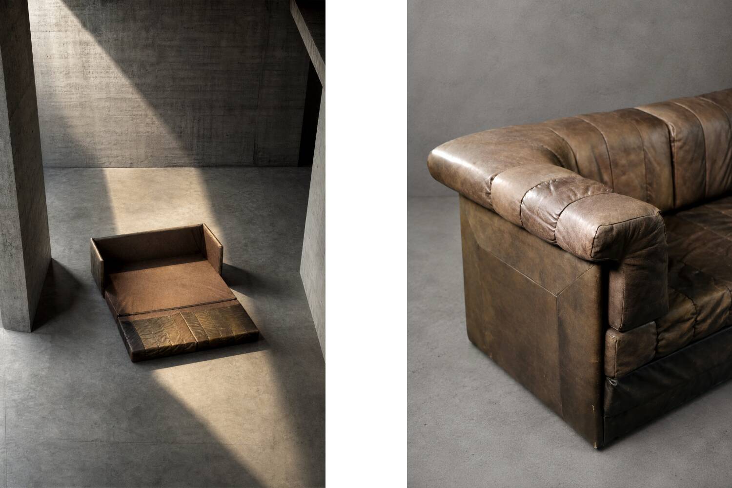 Vintage Mid-Century Modern German Brutalist Brown Leather 2-Seater Sofa