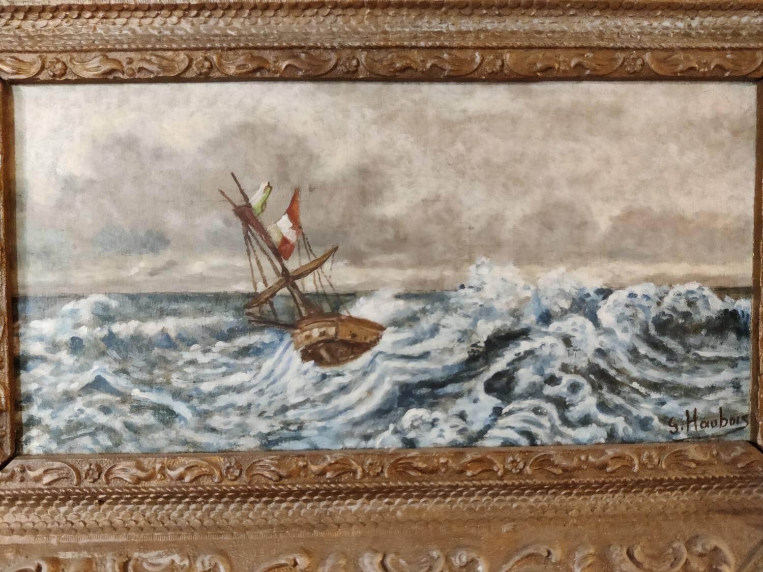 Lot of 2 old marine paintings on wood signed G. Haubois - Gilded frame