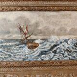 Lot of 2 old marine paintings on wood signed G. Haubois - Gilded frame
