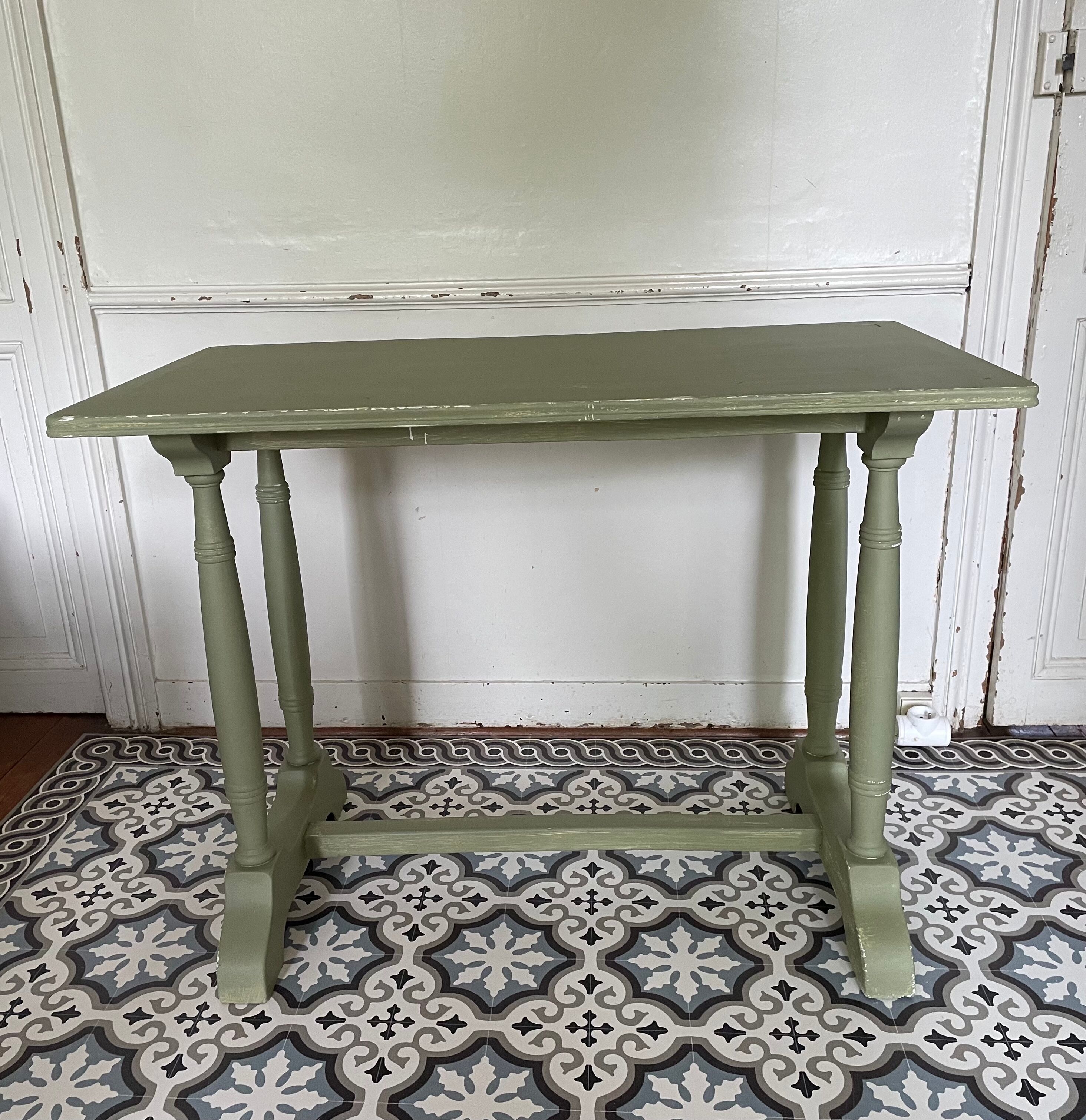 Patinated green baluster table