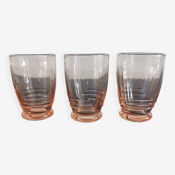Set of 3 pink smoked glasses in chiseled glass from the 1950s