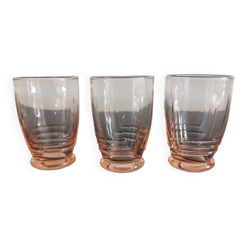 Set of 3 pink smoked glasses in chiseled glass from the 1950s