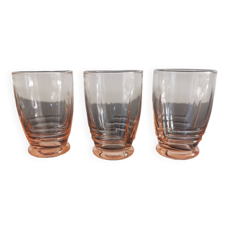Set of 3 pink smoked glasses in chiseled glass from the 1950s